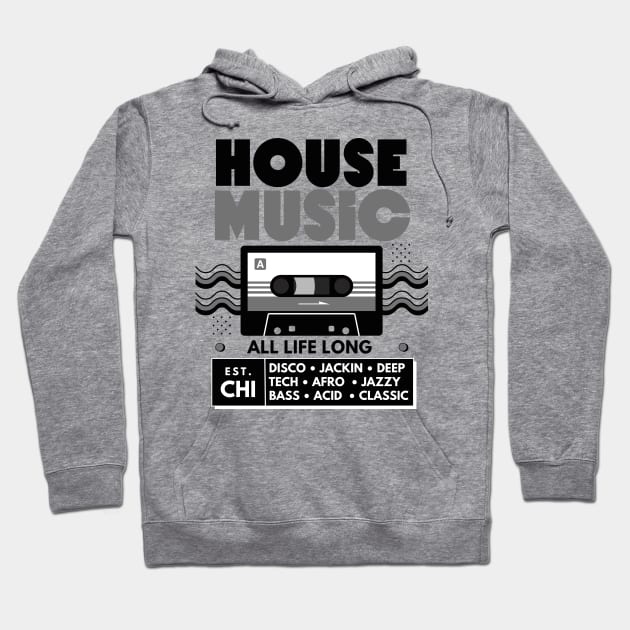 HOUSE MUSIC  - Cassette  (Grey/Black) Hoodie by DISCOTHREADZ 